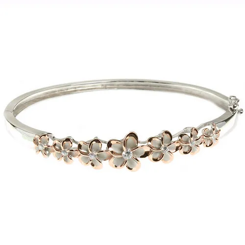 Hawaiian Jewelry 6-12mm 7 Plumeria Rhodium Bangle YG