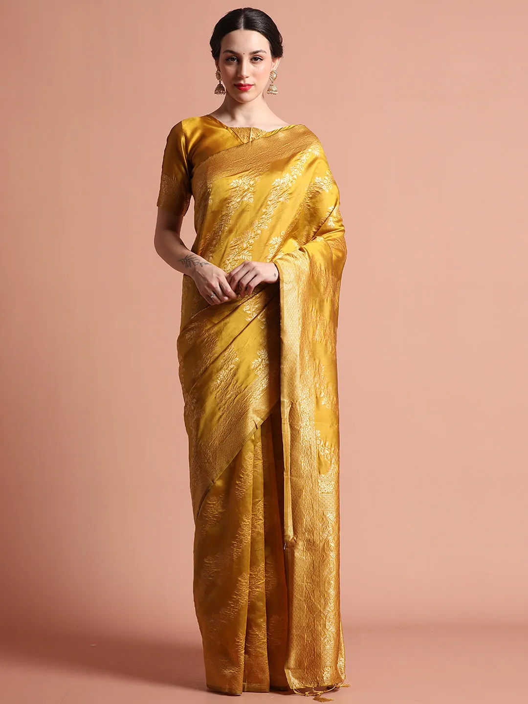 Heavy Banarasi Zari Woven Silk Blend Mustard Saree