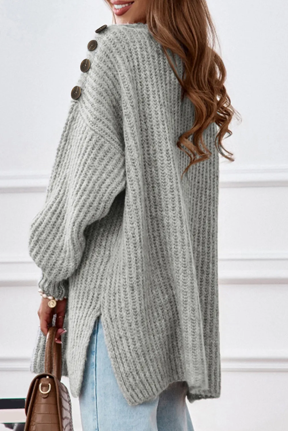 Hilary Buttoned Boat Neck Slit Sweater