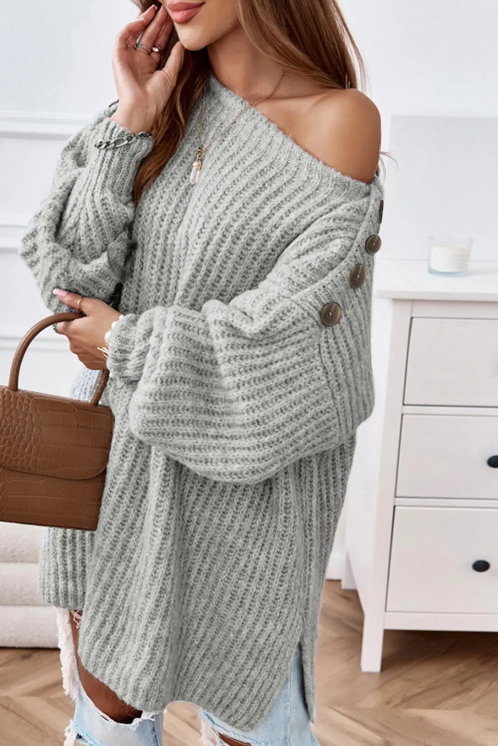 Hilary Buttoned Boat Neck Slit Sweater
