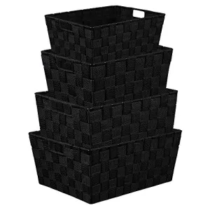 KEDSUM Storage Box Woven Basket Bin, Stackable Storage Baskets Woven Strap Baskets Woven Baskets for Shelves Built-in Carry Handles-Set of 4(Black)