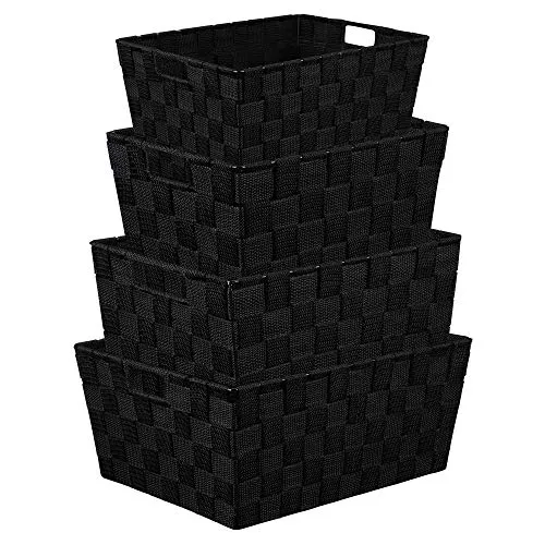 KEDSUM Storage Box Woven Basket Bin, Stackable Storage Baskets Woven Strap Baskets Woven Baskets for Shelves Built-in Carry Handles-Set of 4(Black)