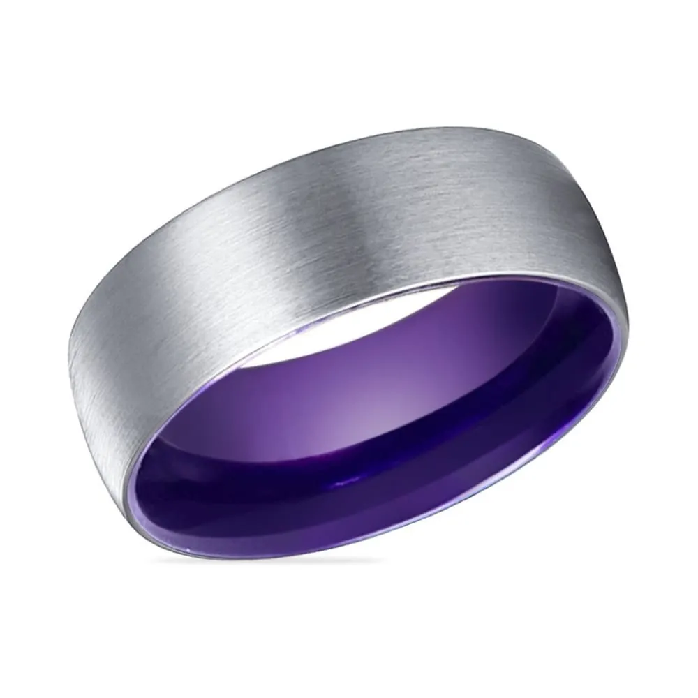 Kyle Rounded Brushed Tungsten Carbide Ring with Purple Inner  - 6mm -10mm