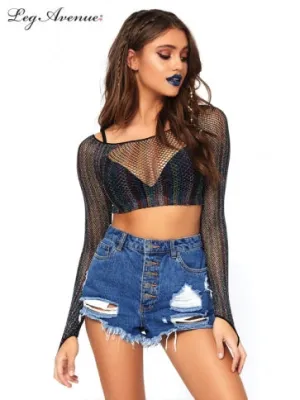Leg Avenue Fishnet Rainbow Lurex Glitter Striped Crop Top 81568