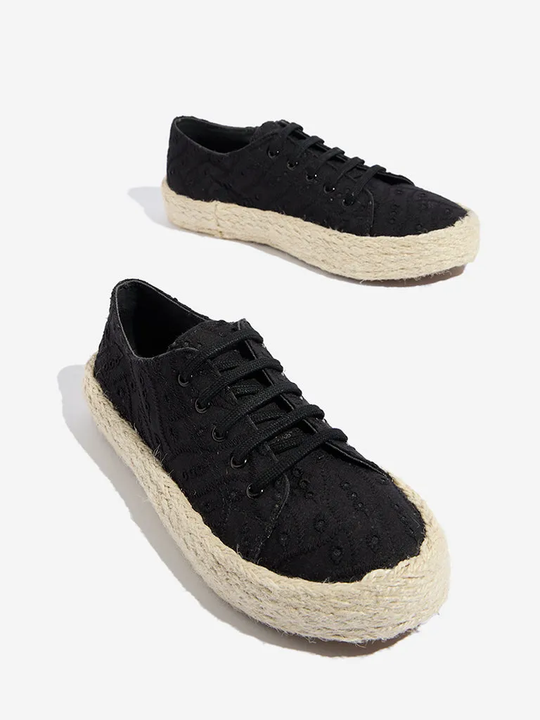 LUNA BLU Black Schiffli Detailed Lace-Up Sneakers