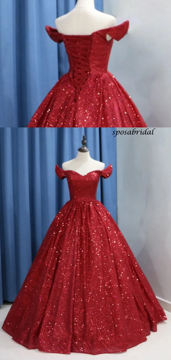Modest A-line Sparkly Red Sequin Elegant Formal Prom Dresses, Ball Gown PD1868