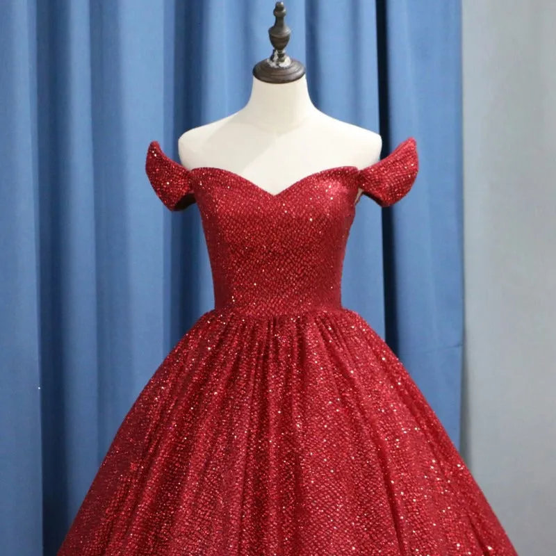 Modest A-line Sparkly Red Sequin Elegant Formal Prom Dresses, Ball Gown PD1868