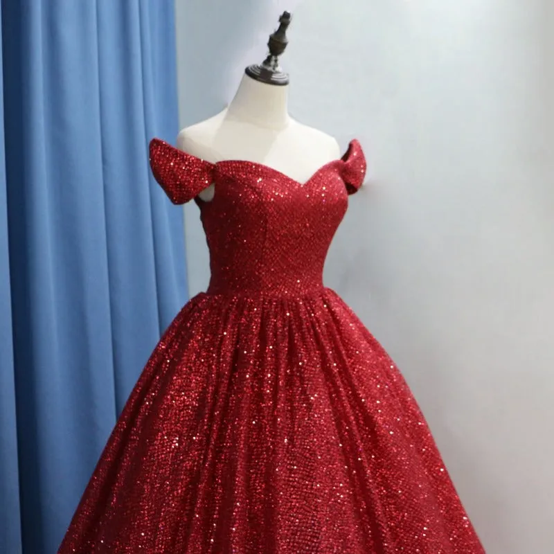 Modest A-line Sparkly Red Sequin Elegant Formal Prom Dresses, Ball Gown PD1868
