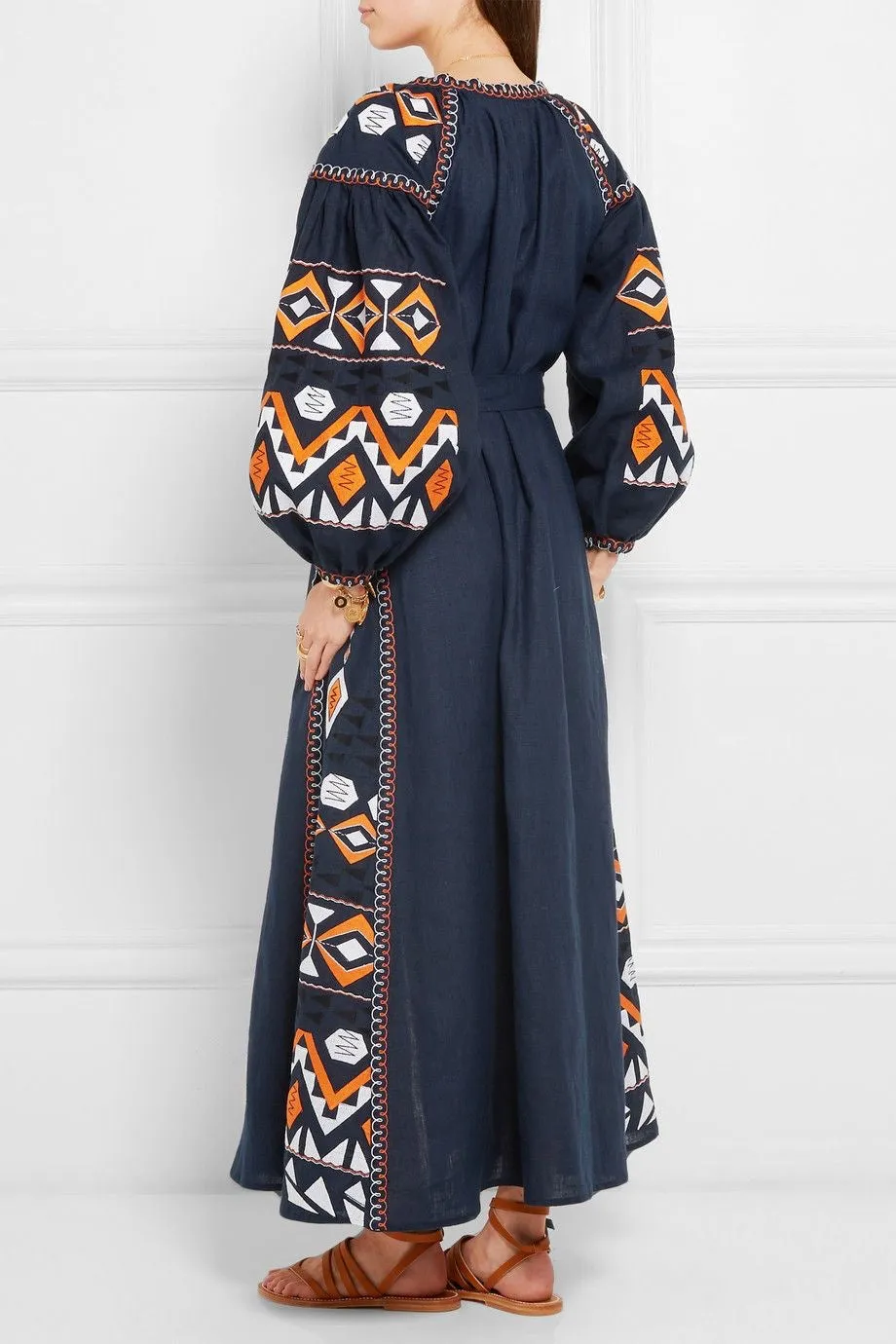 Navy blue Boho style kaftan with embroidery