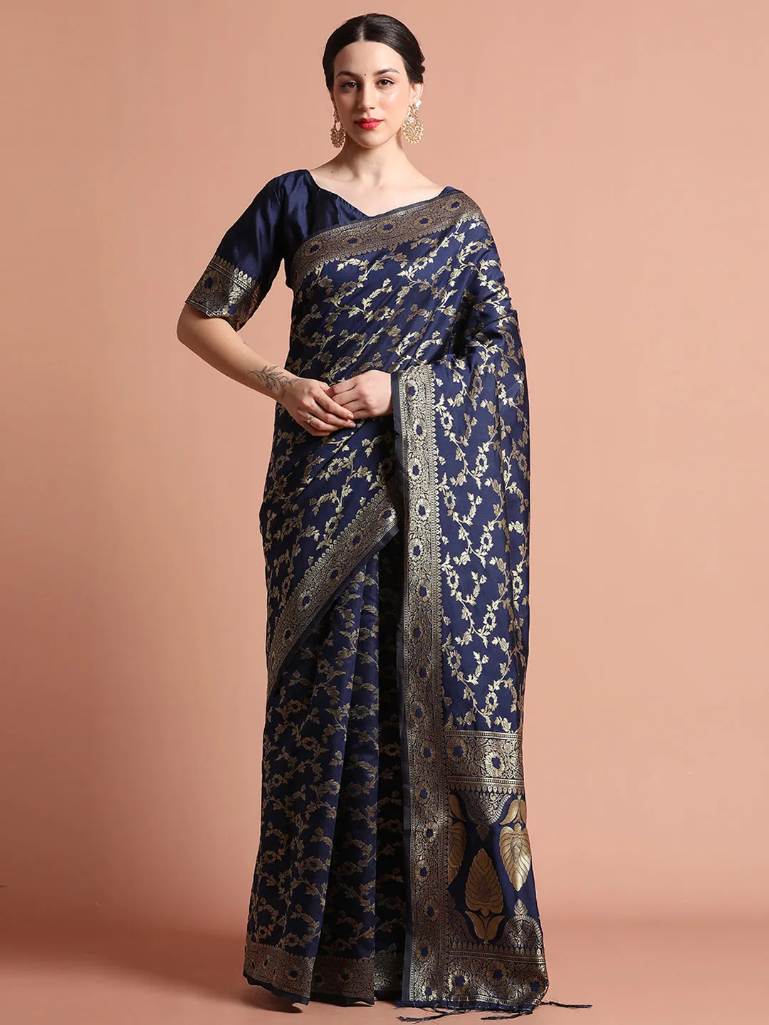 Navy Blue Zari Woven Design Banarasi Saree