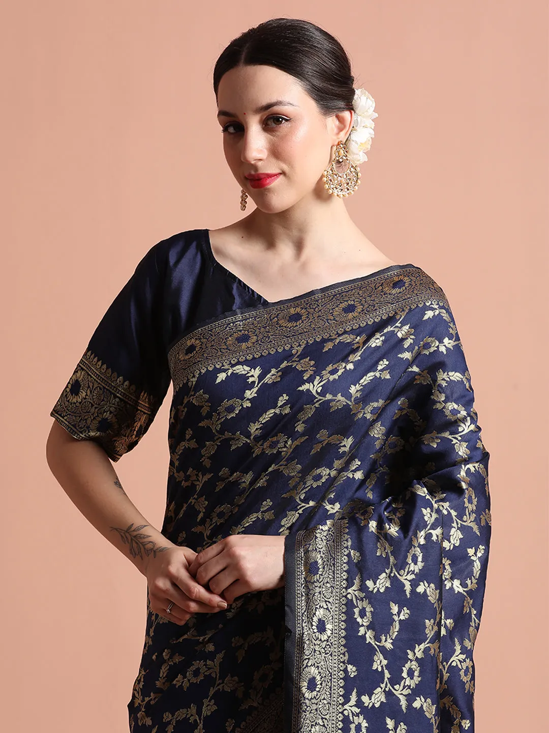 Navy Blue Zari Woven Design Banarasi Saree