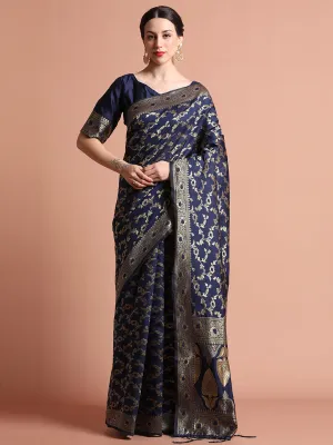 Navy Blue Zari Woven Design Banarasi Saree