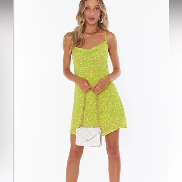 NWT Show Me Your Mumu Suzanna Slip Dress in Lime Sequins Size S Mini Sleeveless