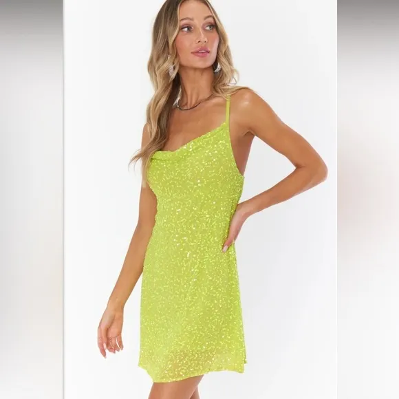 NWT Show Me Your Mumu Suzanna Slip Dress in Lime Sequins Size S Mini Sleeveless