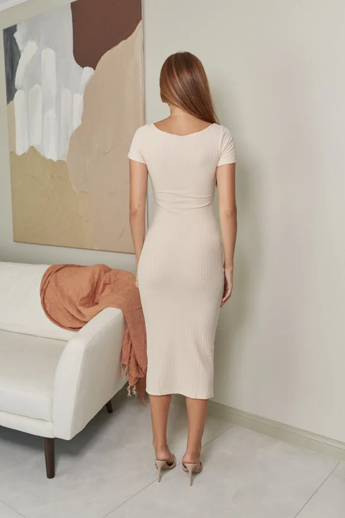 NYLA SHORT SLEEVE MIDI DRESS - Beige