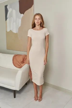 NYLA SHORT SLEEVE MIDI DRESS - Beige