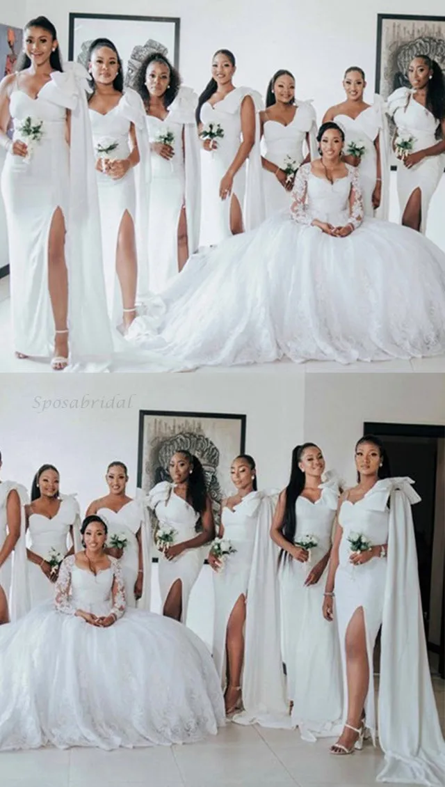 One-shoulder White Sweetheart Bow Tie Side-slit Long Mermaid Bridesmaid Dress, BD3249