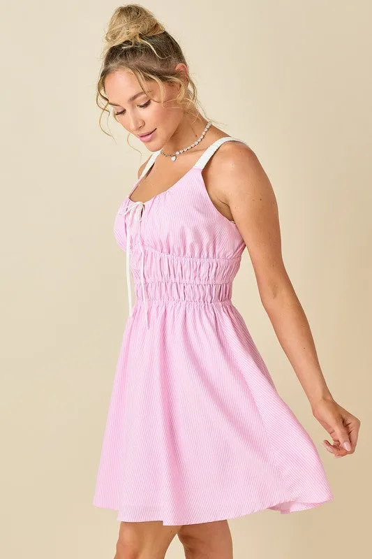 Pin Strip Gather Waist And Shoulder Strap Dress