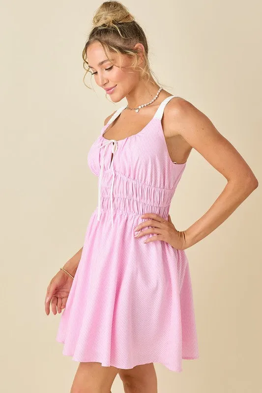 Pin Strip Gather Waist And Shoulder Strap Dress