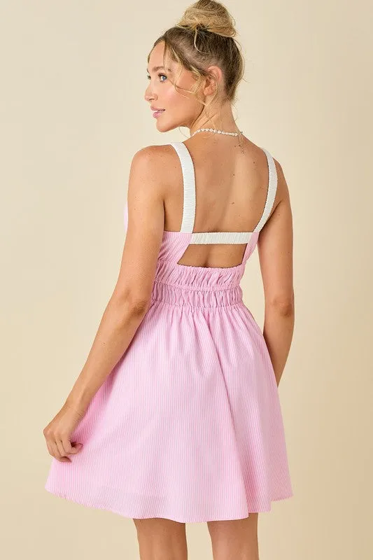 Pin Strip Gather Waist And Shoulder Strap Dress