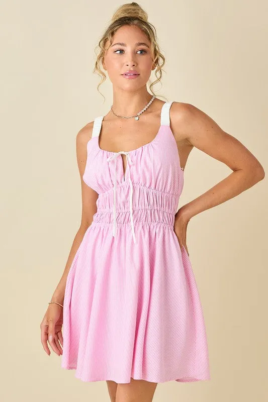 Pin Strip Gather Waist And Shoulder Strap Dress