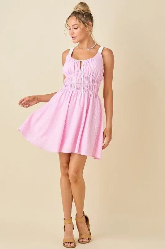 Pin Strip Gather Waist And Shoulder Strap Dress