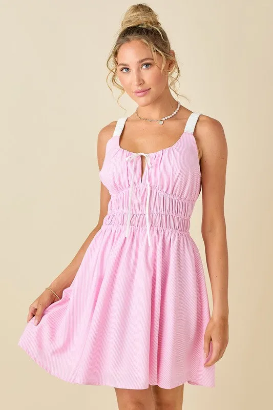 Pin Strip Gather Waist And Shoulder Strap Dress