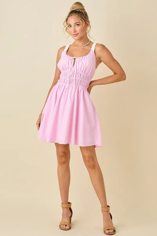 Pin Strip Gather Waist And Shoulder Strap Dress