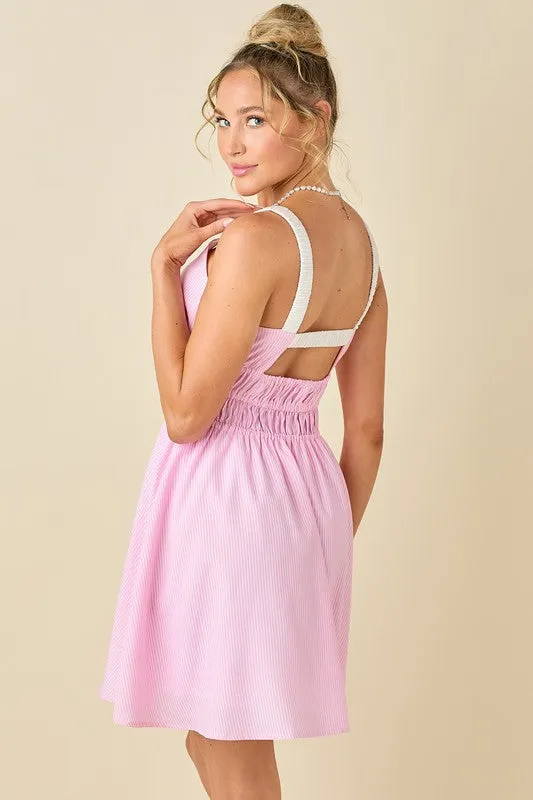 Pin Strip Gather Waist And Shoulder Strap Dress