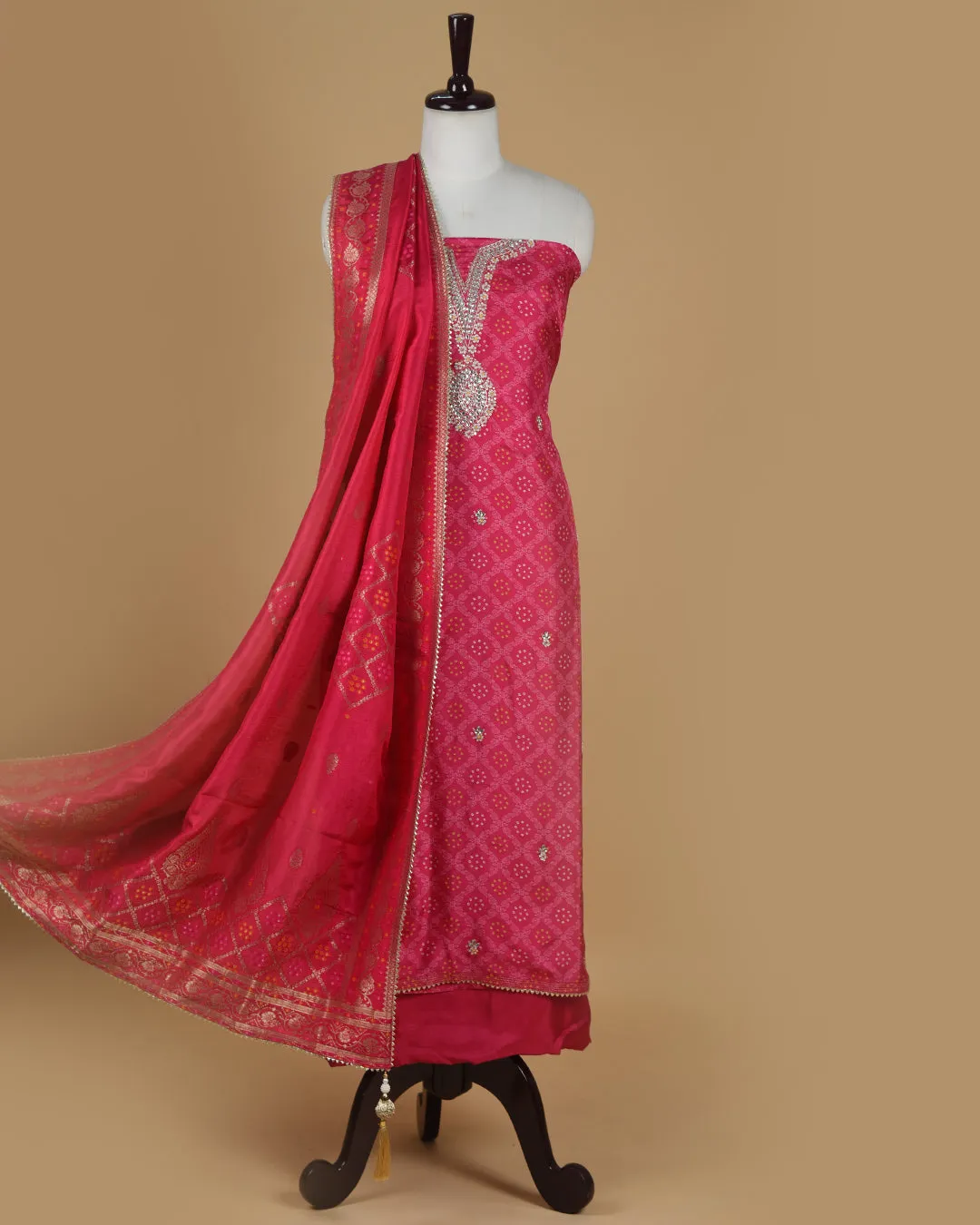 Pink Silk Viscose Woven With Embroidery Unstitched Suit Fabric Set WIth Silk Banarasi Woven Dupatta