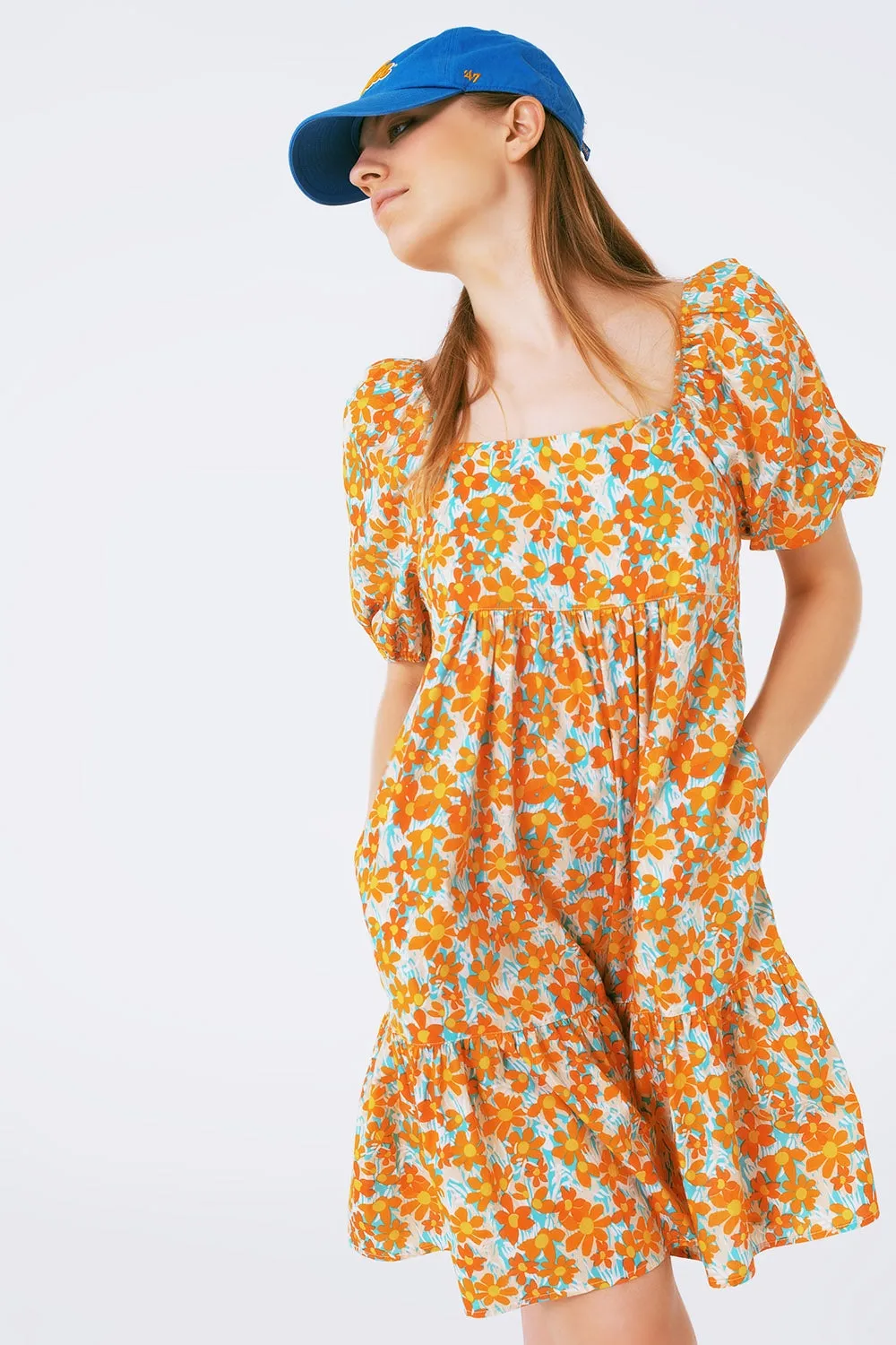 Puff Sleeve Yellow Floral Tiered Swing Dress