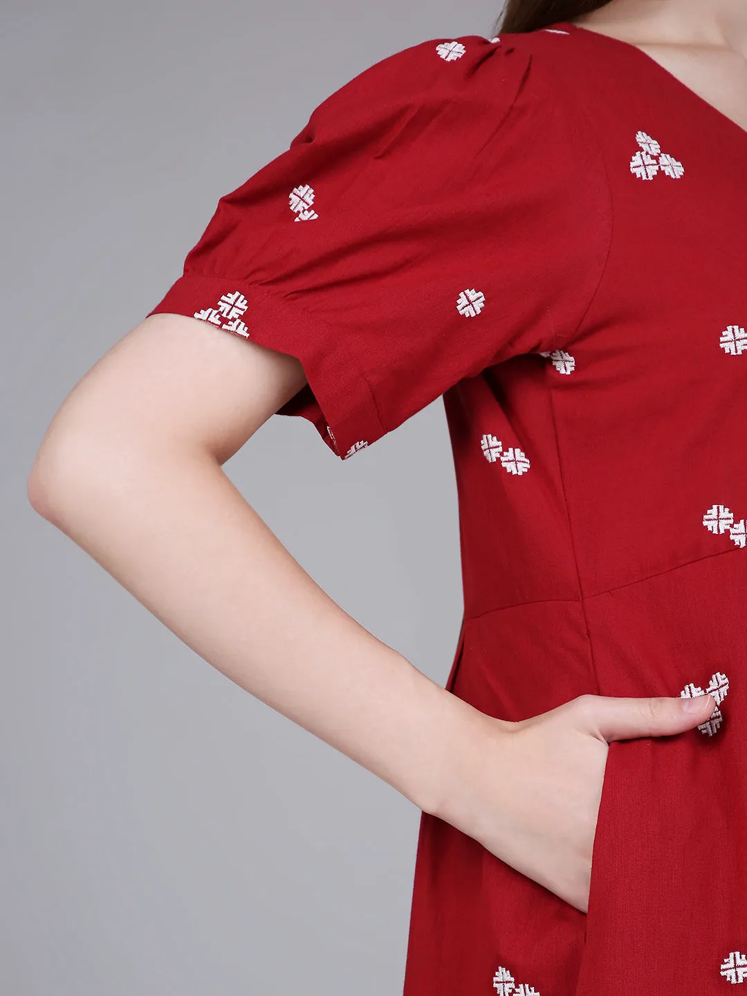 Red Woven Design Cotton Midi Dress