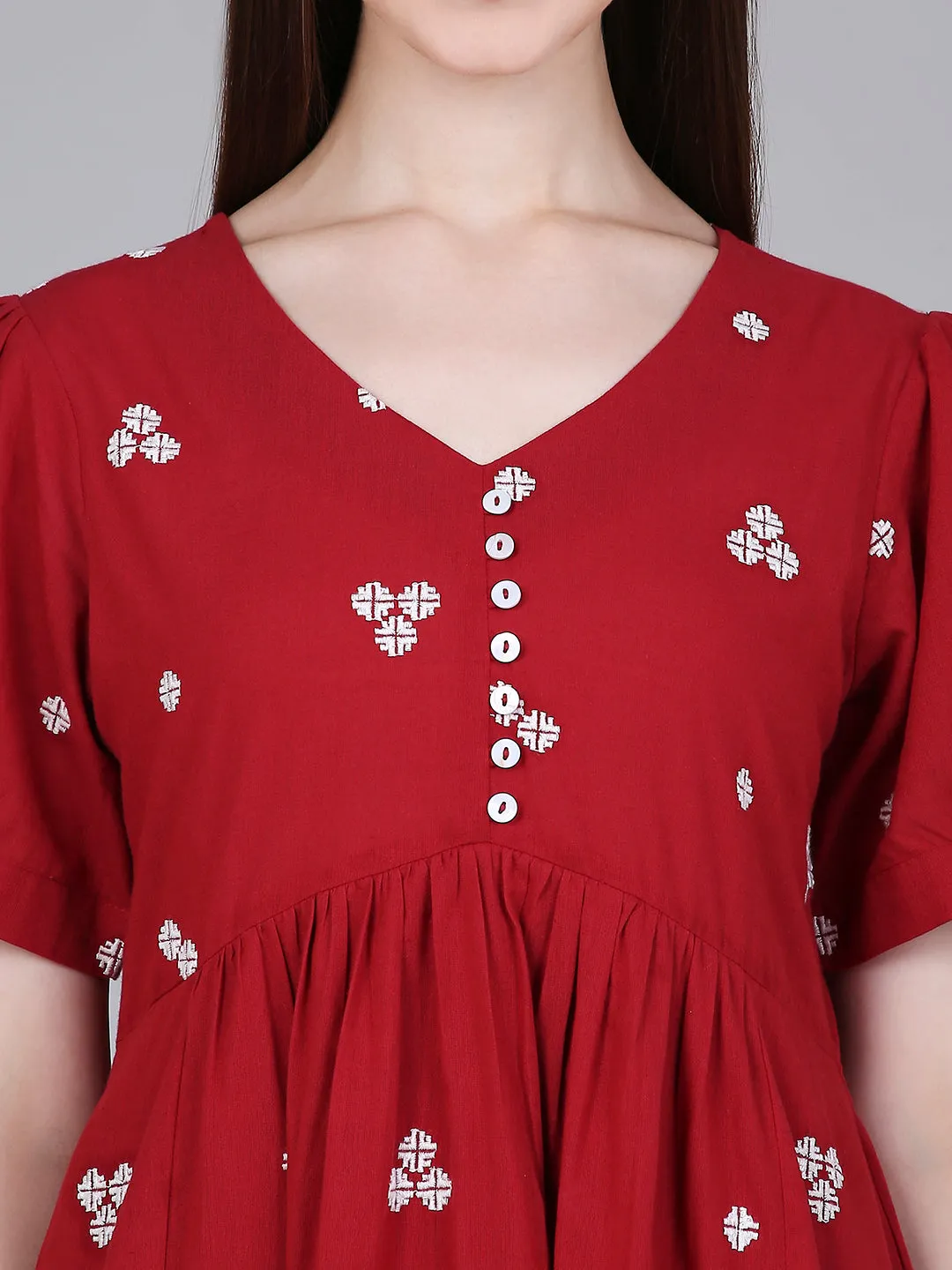 Red Woven Design Cotton Midi Dress