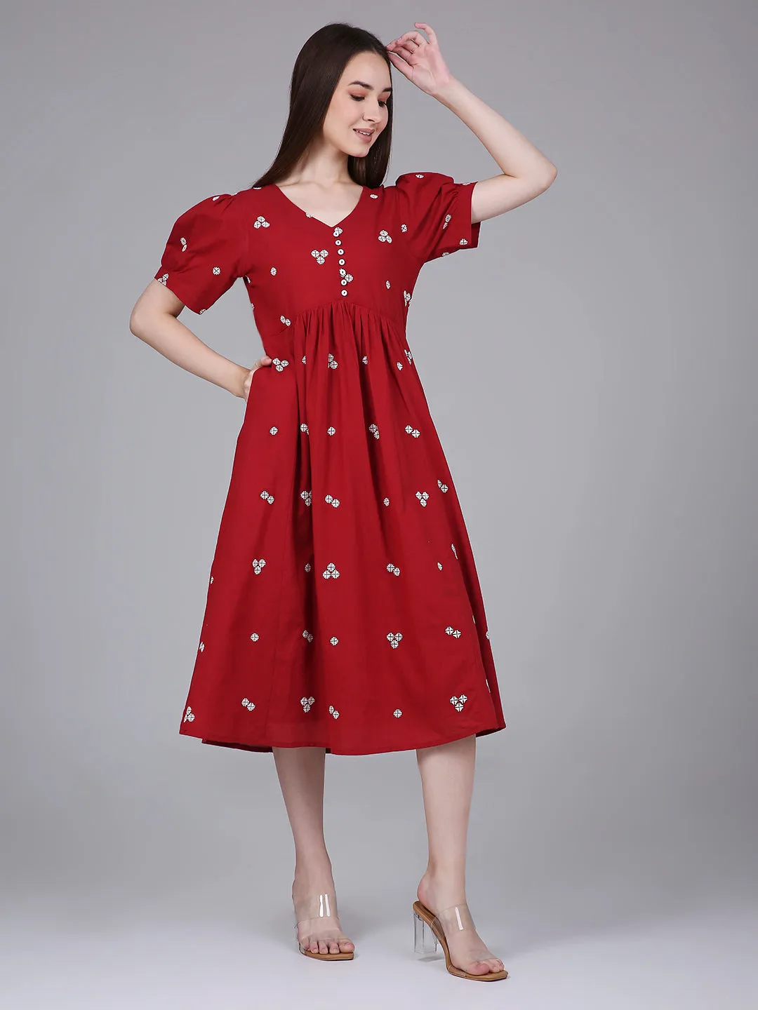Red Woven Design Cotton Midi Dress