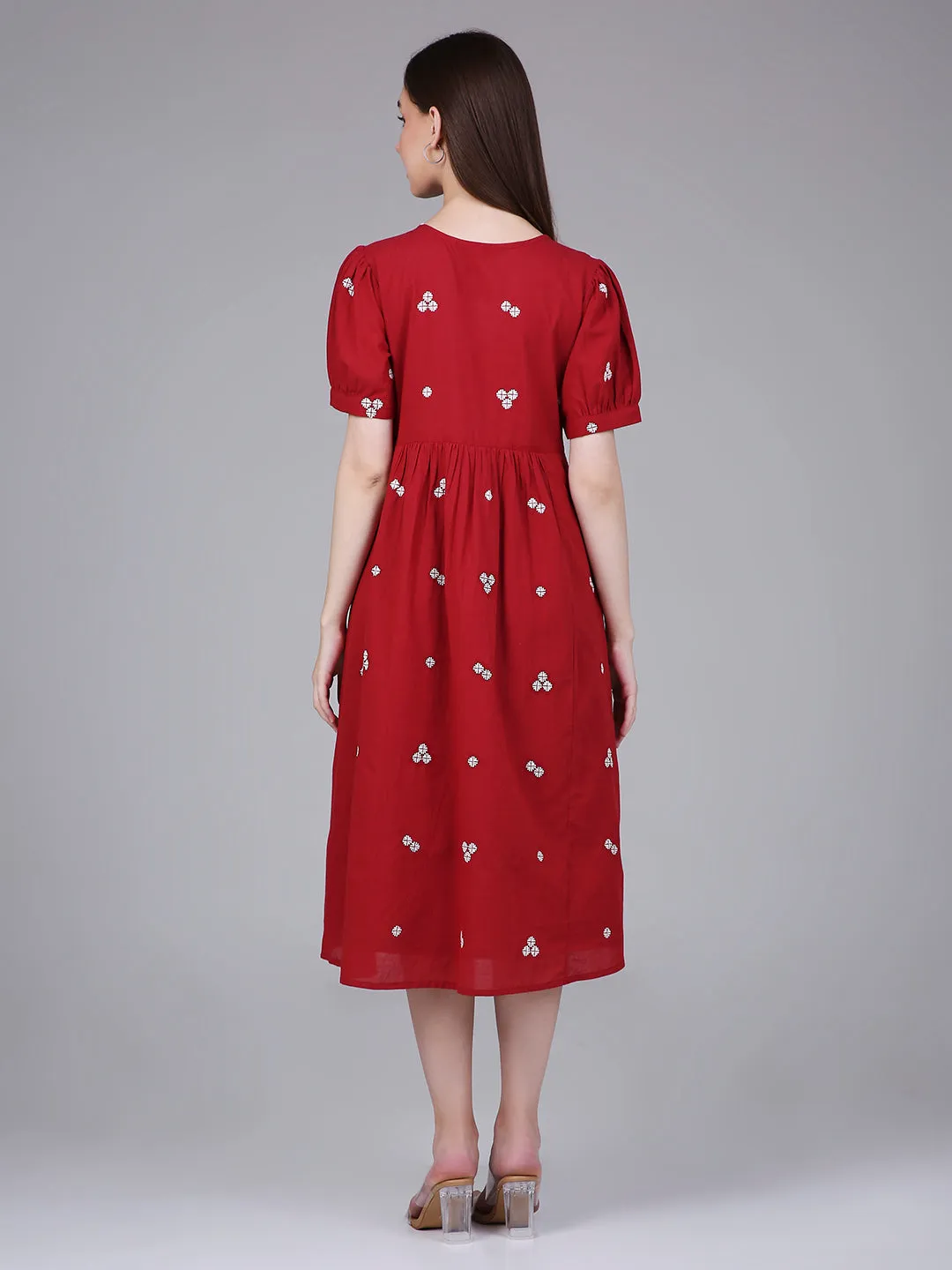 Red Woven Design Cotton Midi Dress
