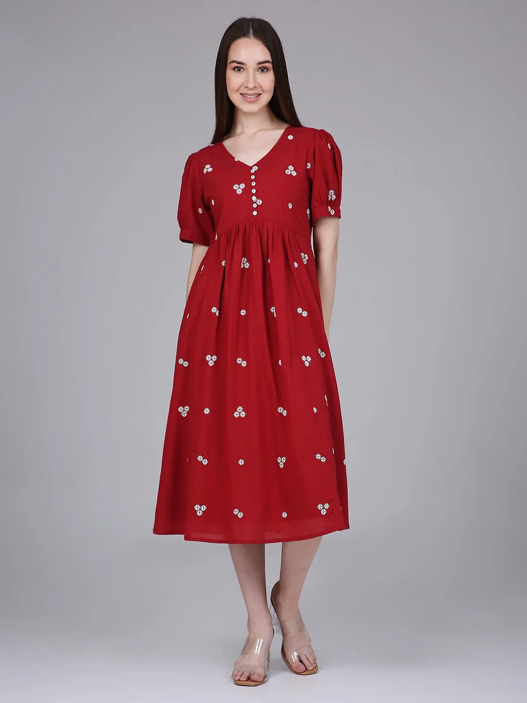 Red Woven Design Cotton Midi Dress