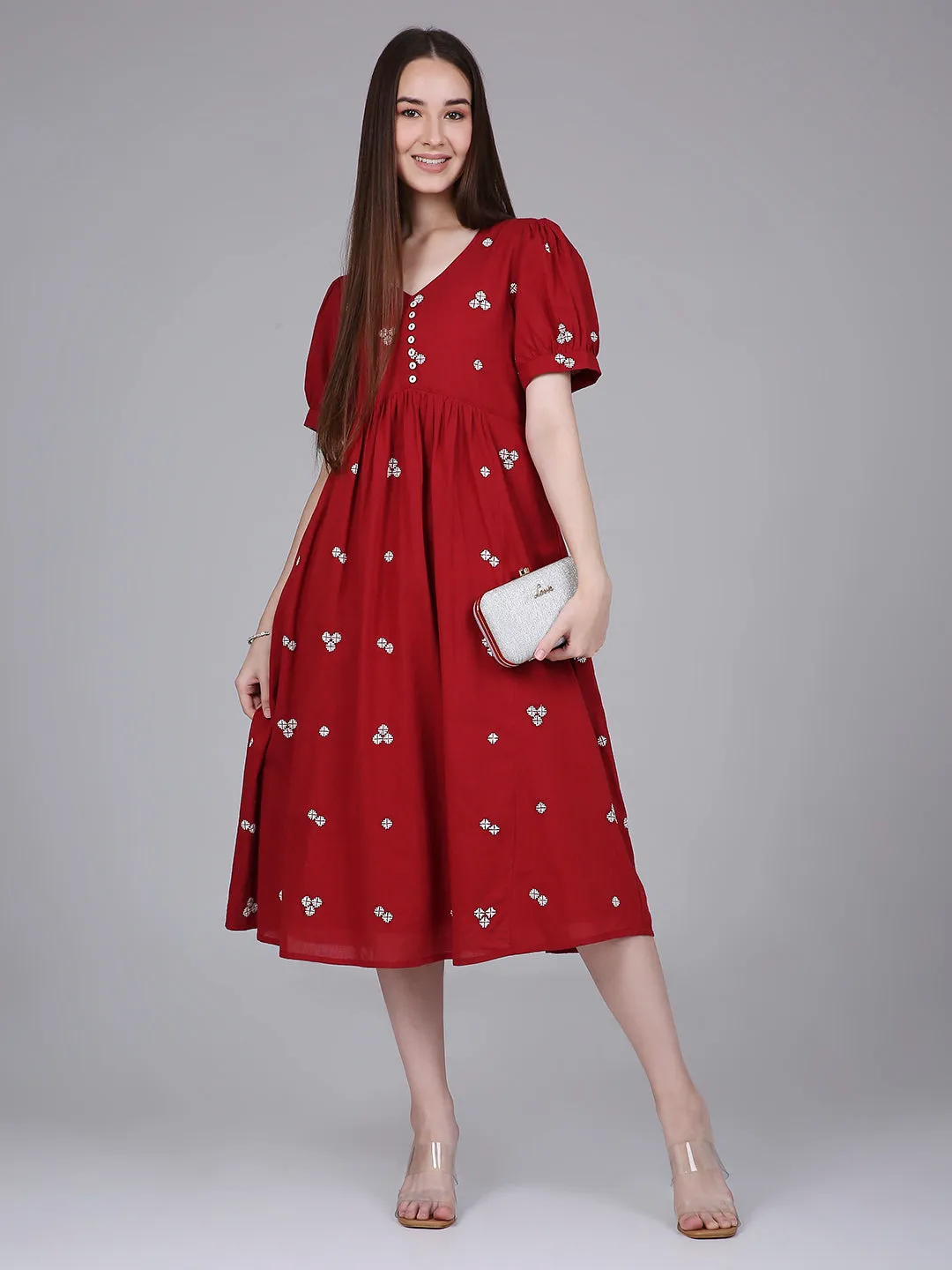 Red Woven Design Cotton Midi Dress