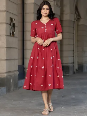Red Woven Design Cotton Midi Dress
