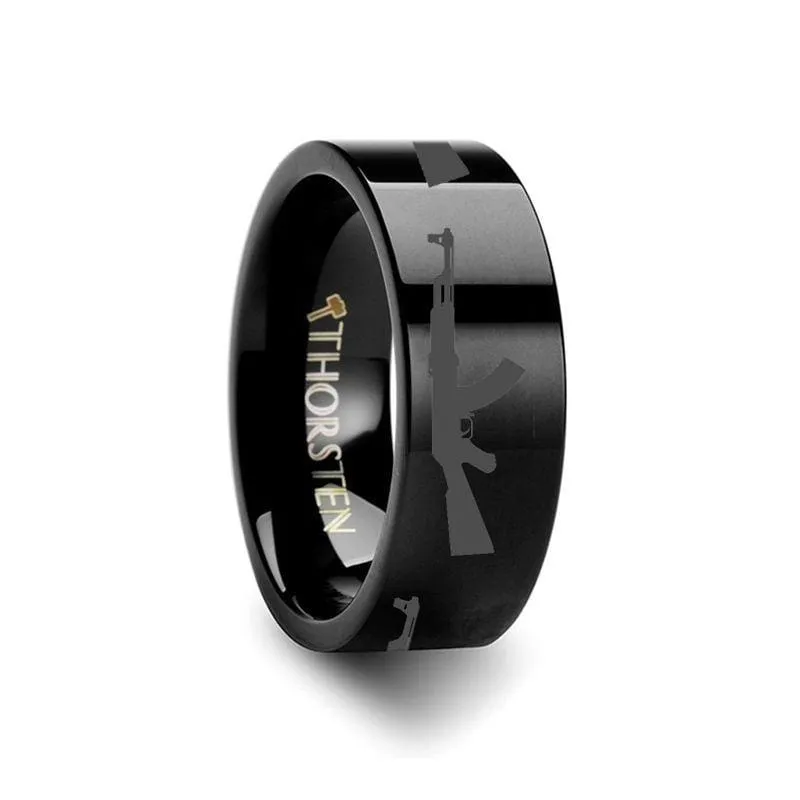 Rockland Print Design AK47 Ring Engraved Flat Black Tungsten Ring - 4mm - 12mm