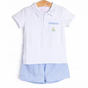 Sail Along Embroidered Short Set, Blue