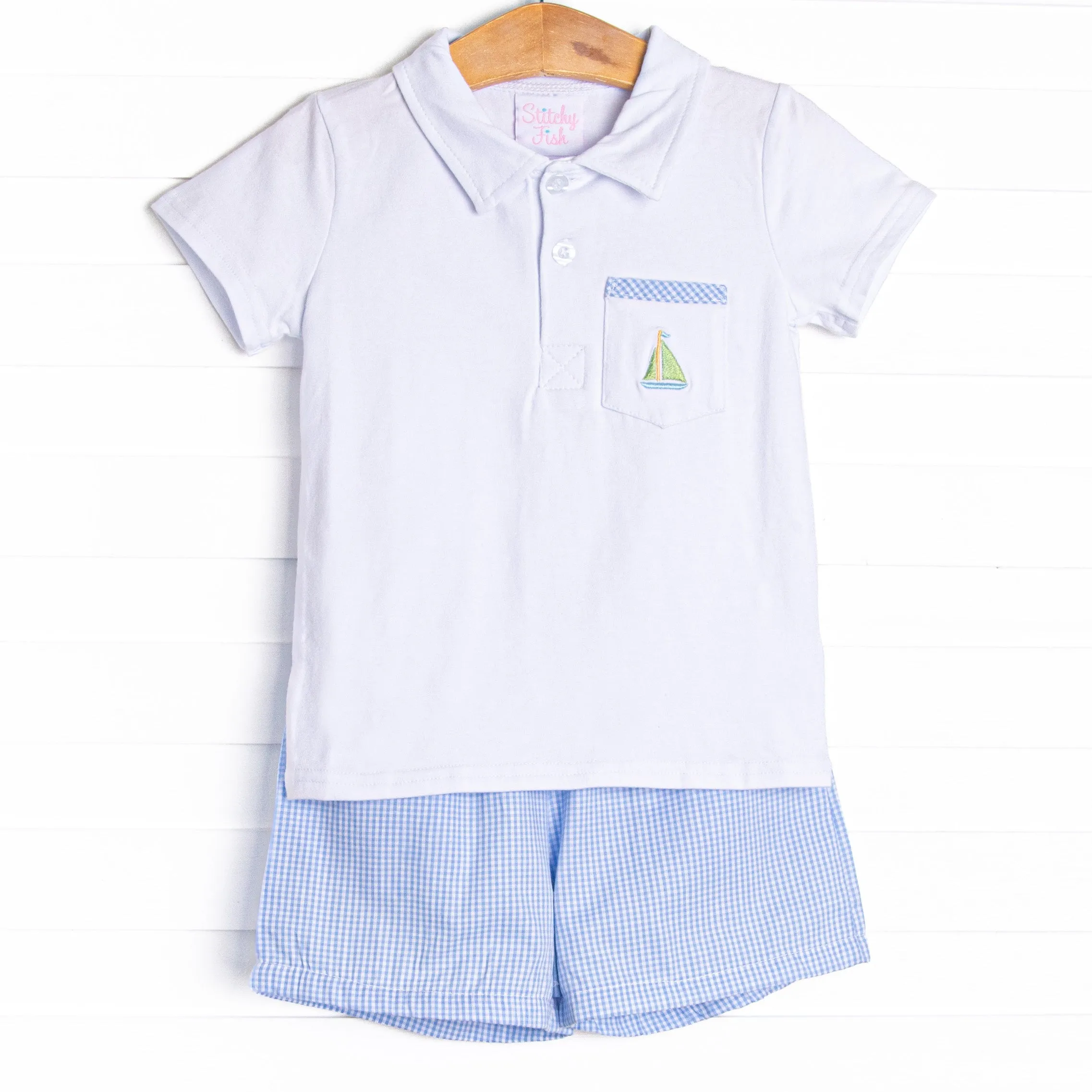 Sail Along Embroidered Short Set, Blue