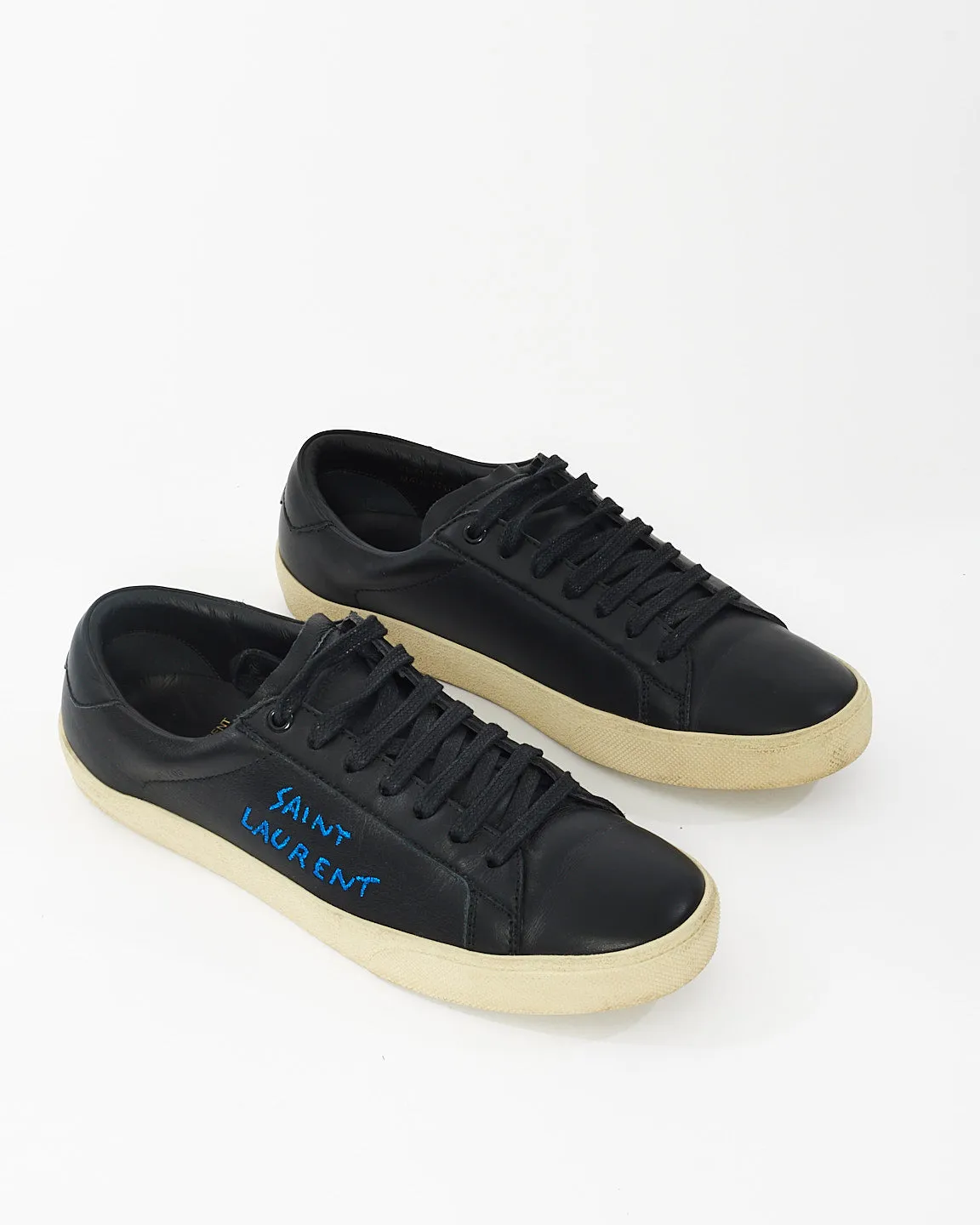 Saint Laurent Black Leather Blue Embroidered Sneakers - 41