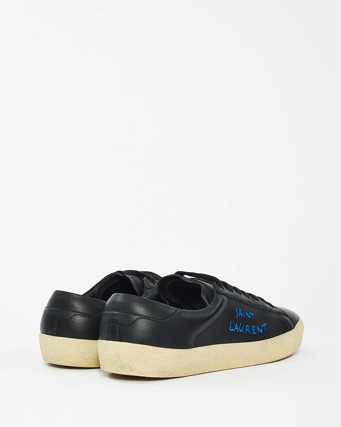 Saint Laurent Black Leather Blue Embroidered Sneakers - 41