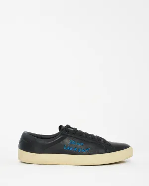 Saint Laurent Black Leather Blue Embroidered Sneakers - 41