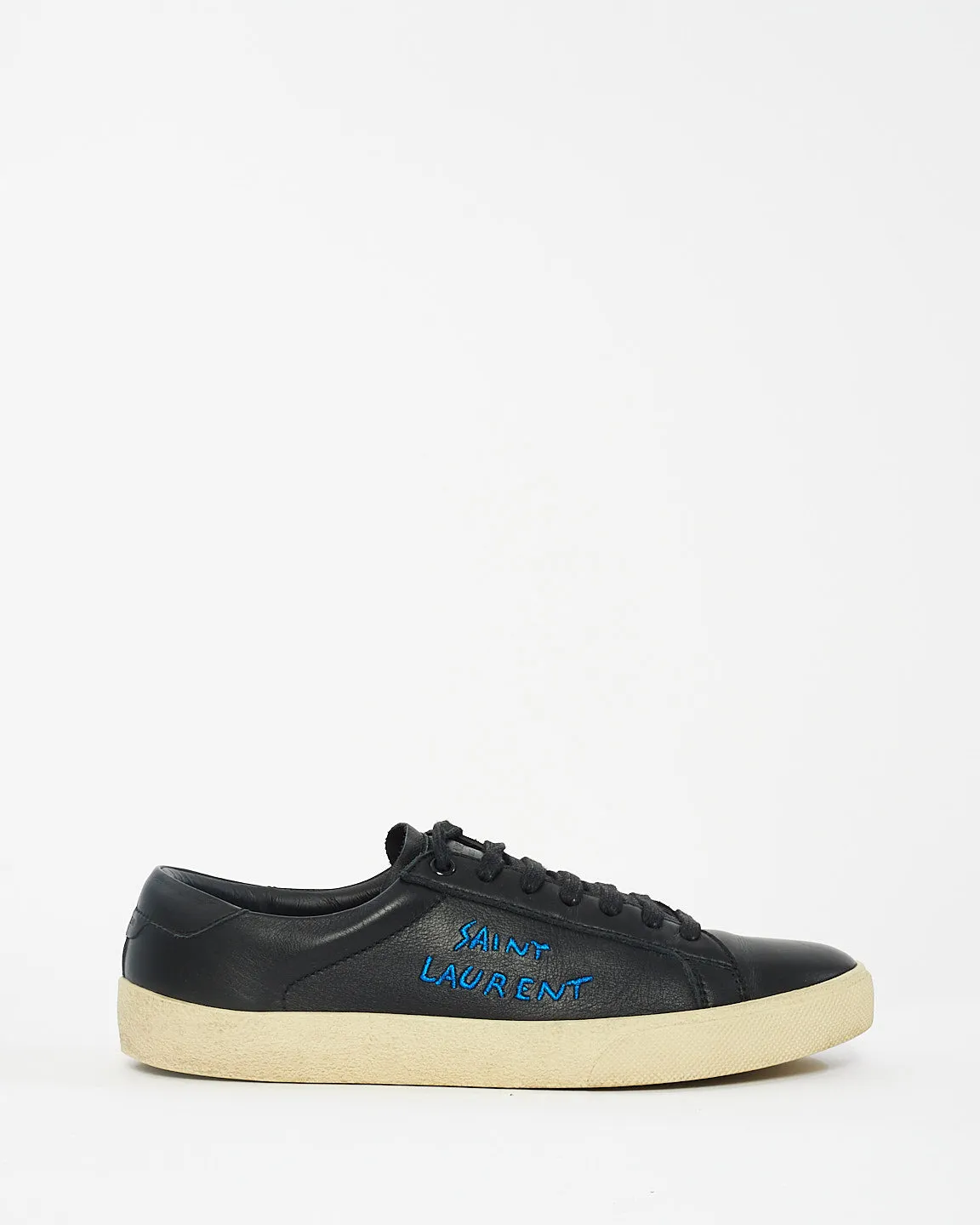 Saint Laurent Black Leather Blue Embroidered Sneakers - 41
