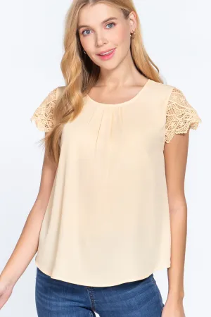 Scallop Lace Slv Woven Top