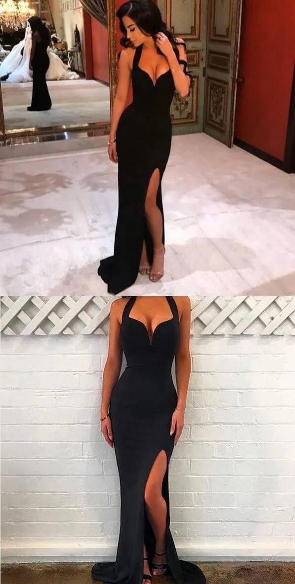Sexy Black Halter V-neck Mermaid Side-slit Cheap Long Prom Dresses, PD0535
