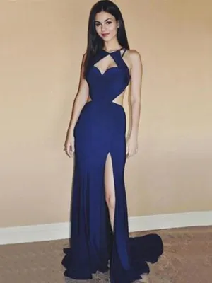 Sexy Navy Blue Unique Style Heart Open Back Side-slit Long Mermaid Prom Dress, PD3277
