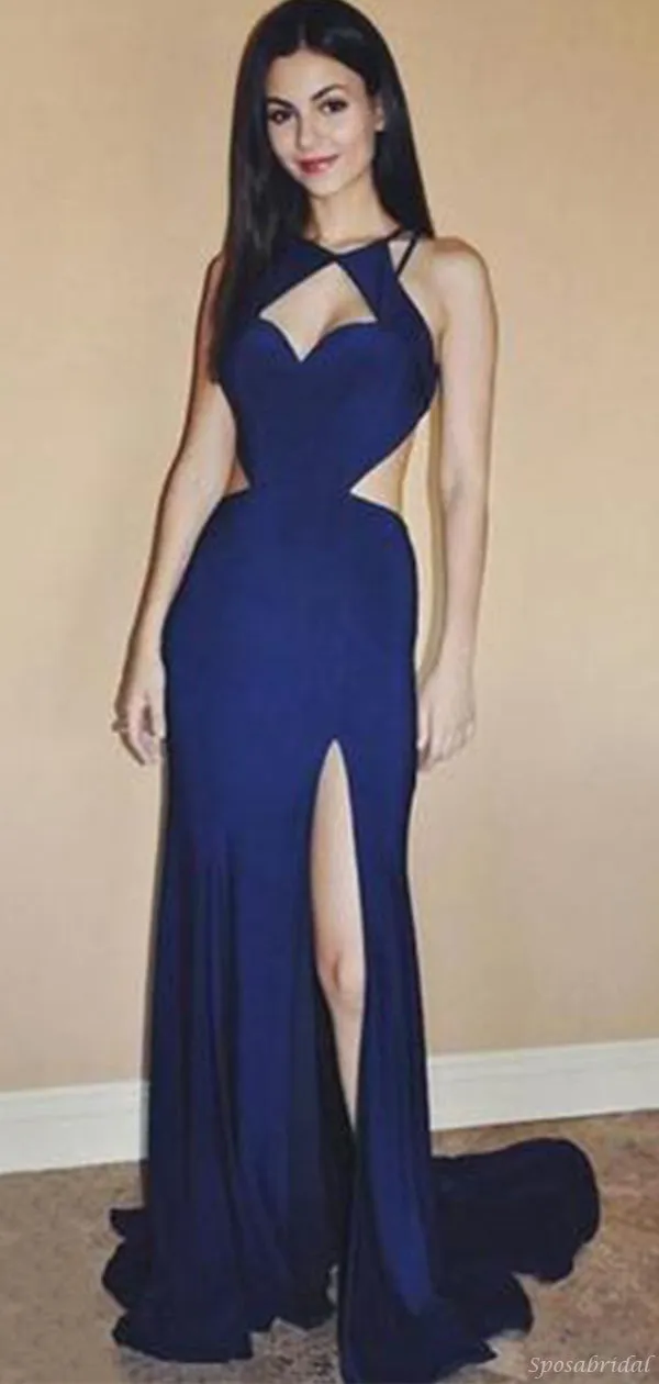 Sexy Navy Blue Unique Style Heart Open Back Side-slit Long Mermaid Prom Dress, PD3277