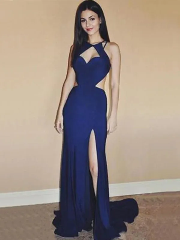 Sexy Navy Blue Unique Style Heart Open Back Side-slit Long Mermaid Prom Dress, PD3277